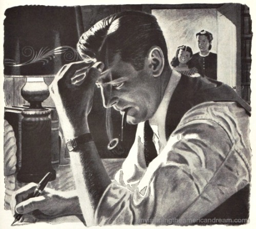 vintage illustration man writing at table 