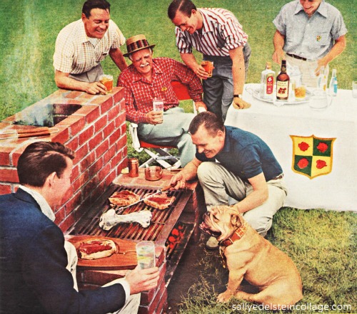 reto men surrounding baxkyard barbecue 1950s