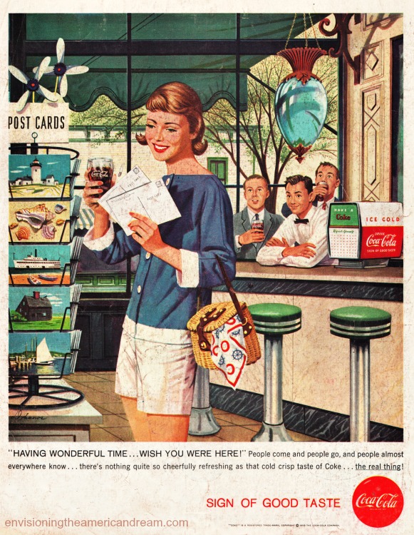 Vintage Coke Ad illustration vacationer sending Postcards