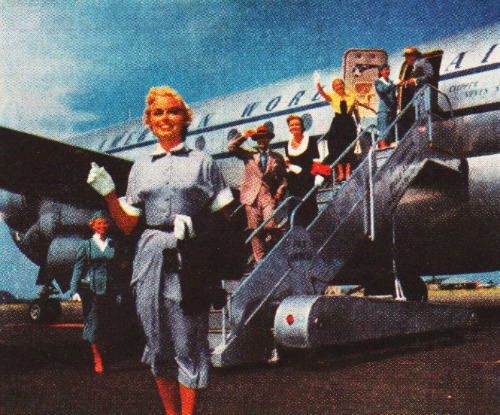 Vintage passenger getting off Pan Am airplane 