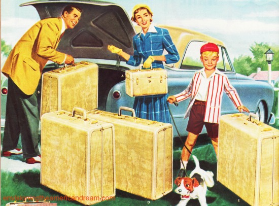 Vintage family leaving on  vacation Samsonite luggage ad