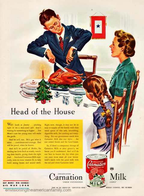 Vintage WWII ad illustration family at Xmas dinner
