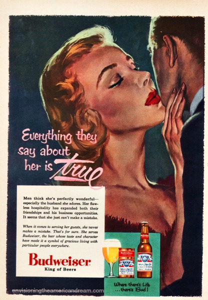 vintage Budweiser beer ad illustration woman kissing husband