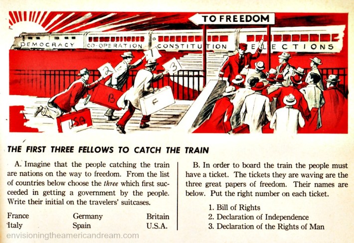 democracy-thinking-and-learning vibatge childrens schoolbook illustration 