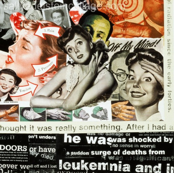 Sally Edelstein collage of appropriated images Atmospheric Bomb tests 1950s