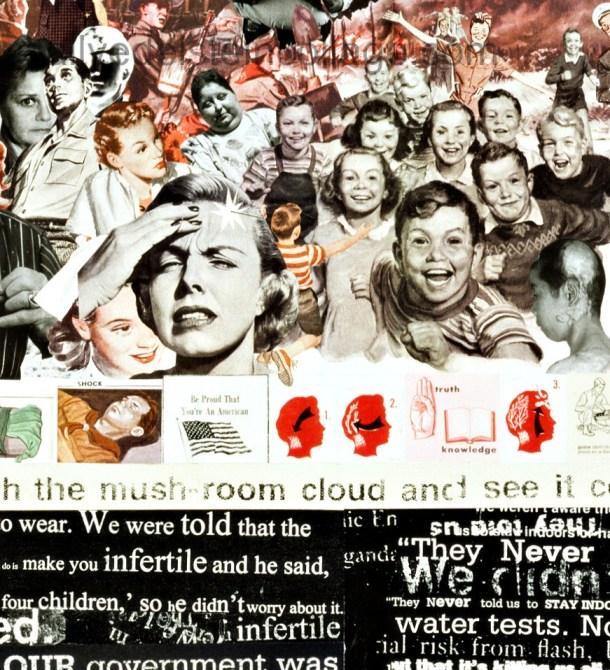 Sally Edelstein collage of appropriated images Atmospheric Bomb tests 1950s