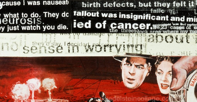 Sally Edelstein "Accidents Will Happen- By the Bombs Early Light" Detail. Collage of appropriated images 