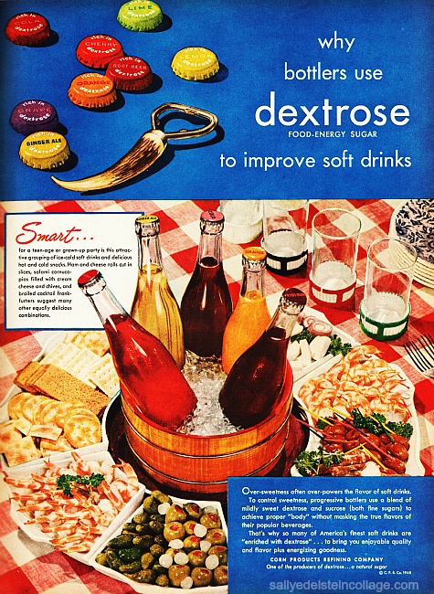 vintage ad illustration soada bottles and party food