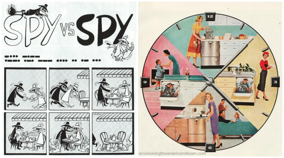 collage vintage Housewives and kitchen and spy vs spy cartoon MAD Magazine