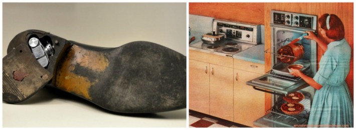 collage spy shoe 1960s and 1960s housewife in the kitchen