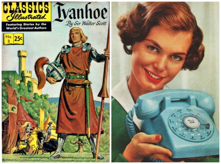 collage Classic Comics Ivanhoe cover and 1950s housewife and telephone