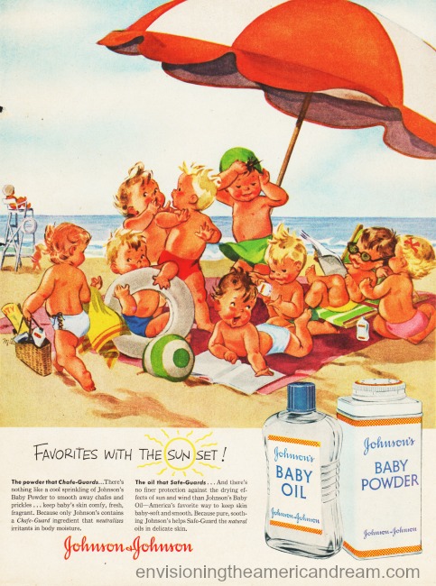 Vintage ad Johnson's Baby Oil 1illustration babies at beach