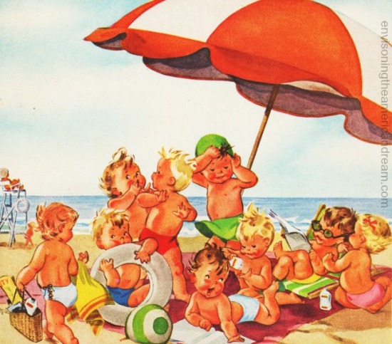 Vintage illustration of babies at beach 