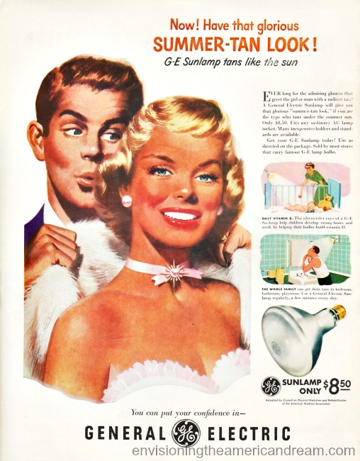 Vintage Illustration tanned man and woman Vintage ad GE Sunlamp 