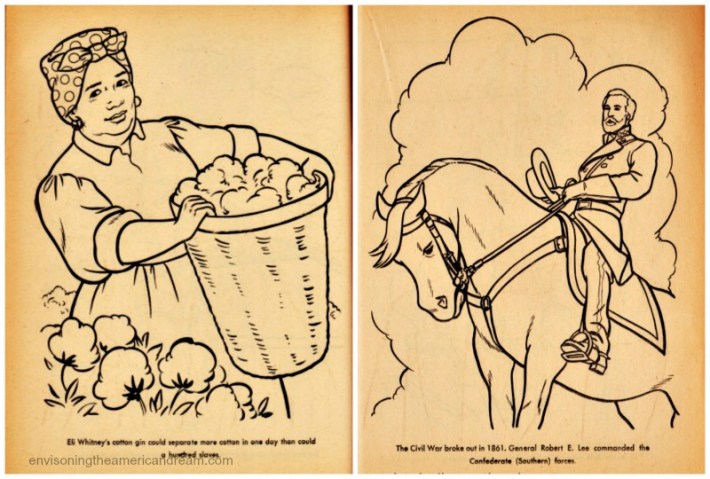 Vintage coloring book pages Happy Slave picking cotton and General Robert Lee
