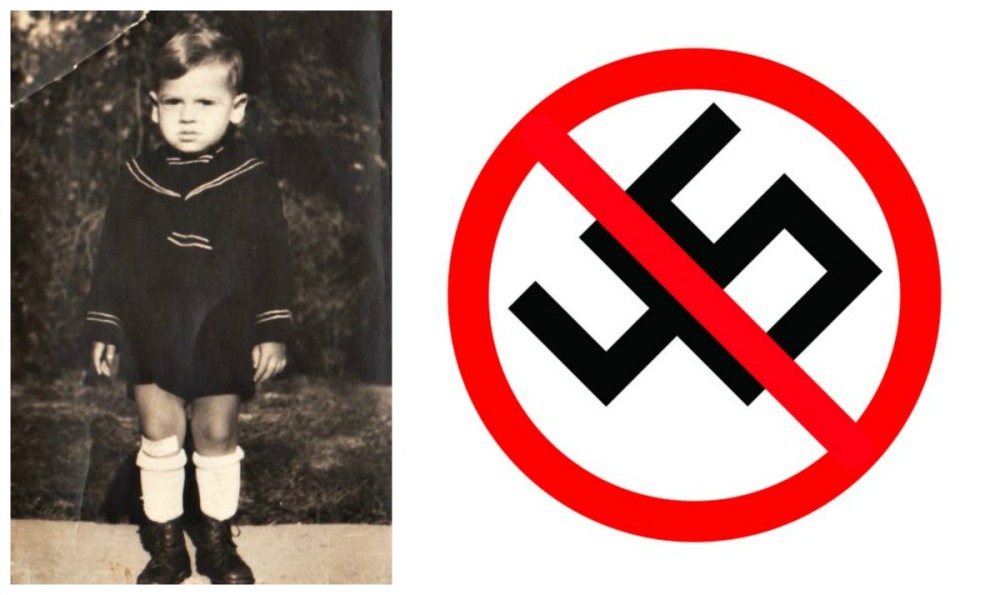 collage child in 1940s dp camp and swastika anti Trump 45