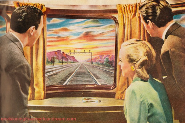 vintage illustration people looking out train wondow