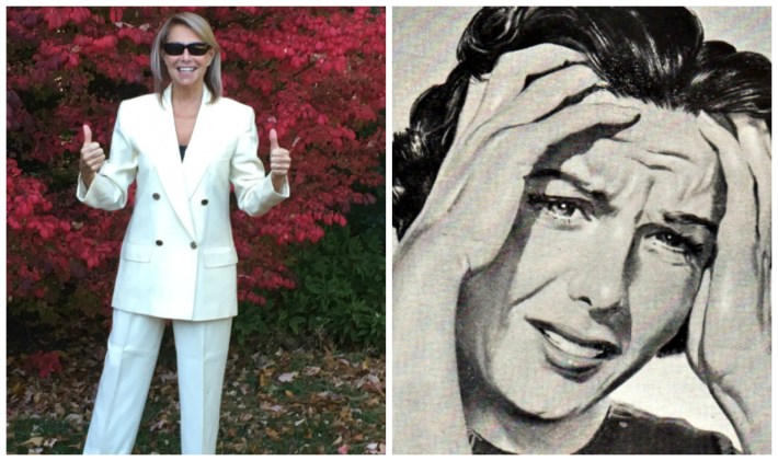 Photo of Sally Edelstein in white pantsuit and anxious woman