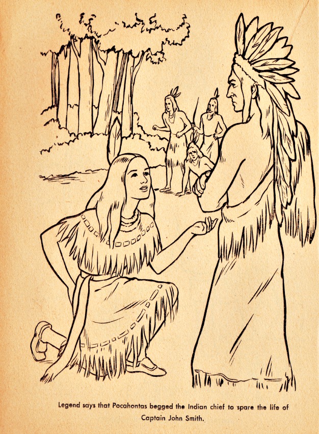 Vintage coloring book Pocahontas indians 