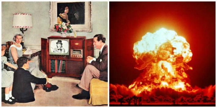 vintage family at home watching TV and nuclear blast