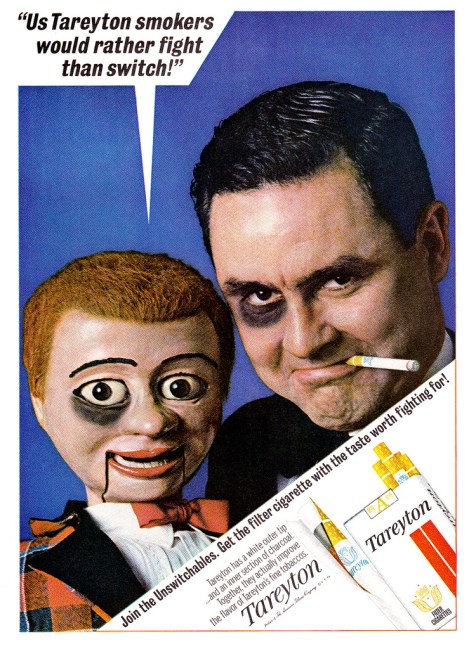 Vintage Tareyton Cigarette Ad Man with Dummy" Us Tareryton smokers would rather fight than switch" sitch