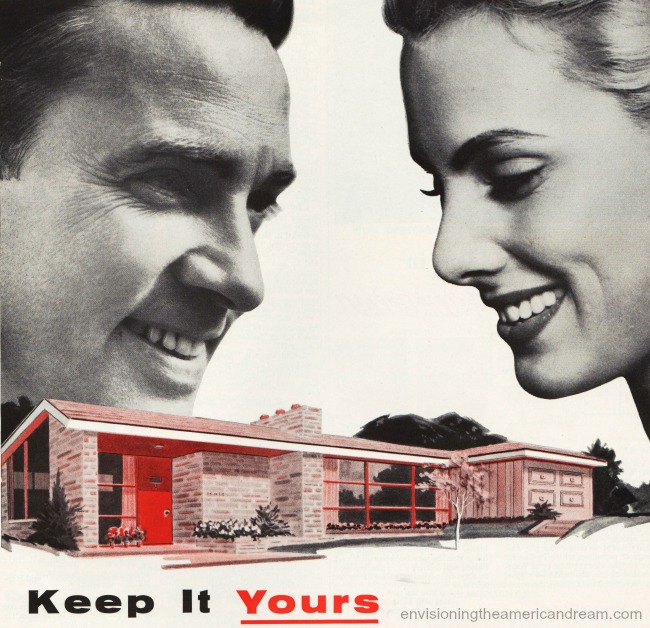 Vintage ad Suburban couple and house 1950s