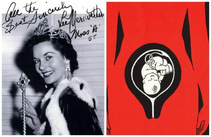 collage Miss America 1955 Lee Meriwether and illustration baby in womb