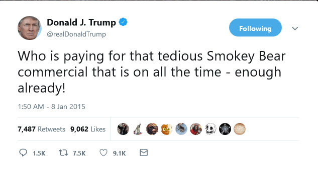 Trump tweet 2015 against Smokey Bear