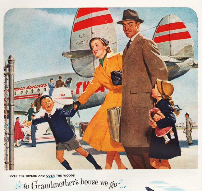 Vintage ad family and airplane TWA 1951