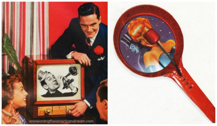 Vintage peple watching TV 1950s and vintage noise maker 