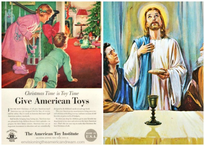 collage Vintage ad for Christmas toys and Jesus