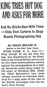NY Times Article June 12, 1939 Kings George VI Visit to Hyde Park 