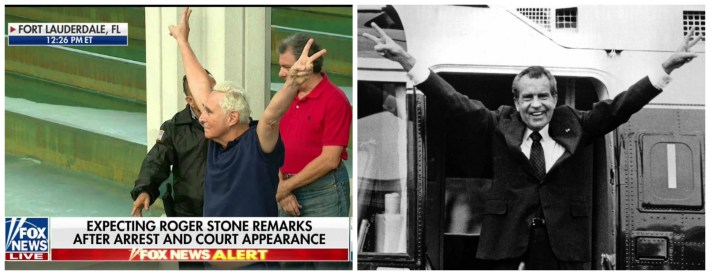 Roger Stone with victory wave and Nixon victory pose 