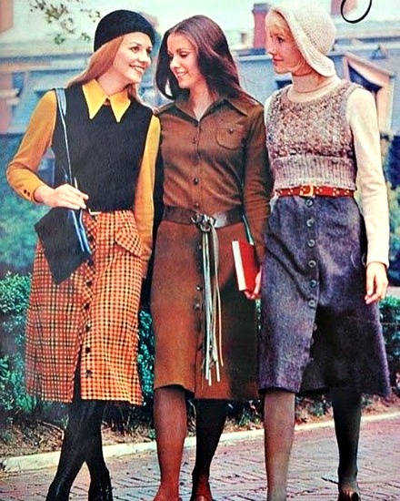 Vintage fashion 1970 college girls Midi fashion 