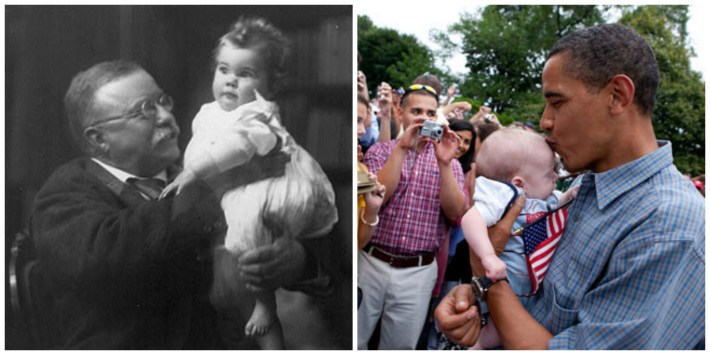 Theodore Roosevelt and Barack Obama kissing Babies