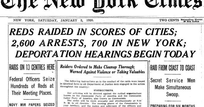 NY Times Headline Palmer Raids Jan 1920