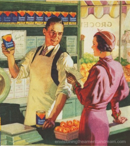 Vintage advertisement Sunbrite Cleanser 1930's Vintage illustration Grocer and housewife 1930s