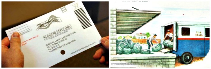 Collage vintage illustration mail delivery and mail in voting ballot 