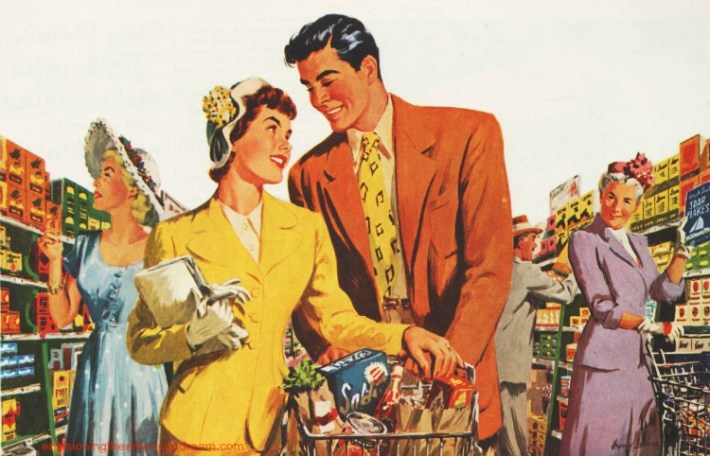 vintage illustration Supermarket couple 1949