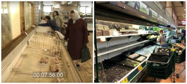 Soviet Era bare supermarket shelves and Corona Virus era bare shelves Soviet Era bare supermarket shelves and Corona Virus era bare shelves