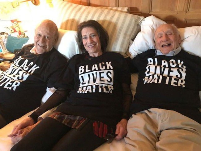 Carl Reiner with daughter Annie Reiner and Mel Brooks Wearing BLM T shirts 