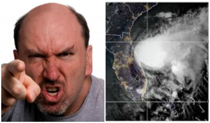 Man angry and storm weather map