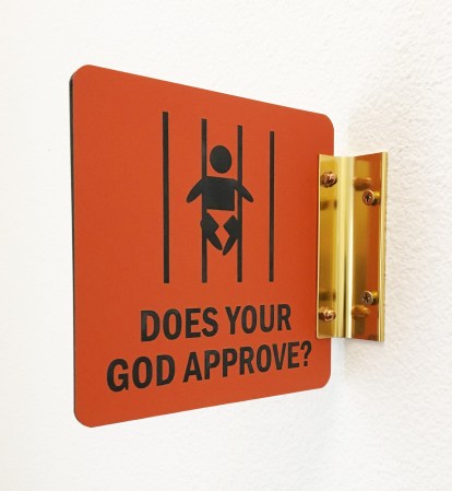 Jenny E Balisle " Does Your God Approve " (2019) plastic and aluminum 2.5 x 6.5" x 6.5"