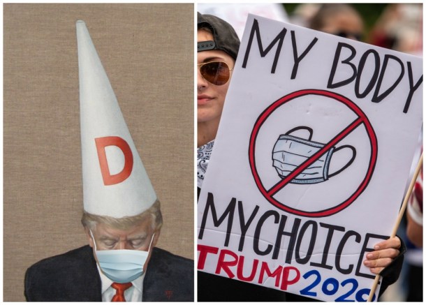 "Not Normal  Art In The Age Of Trump" Art (L) Victoria Sybrandi "D is for Donald" ( 2017) Updated with surgical mask 2020 Mixed media on linen 23.6" x 15.75" (R) Anti Masker Protester