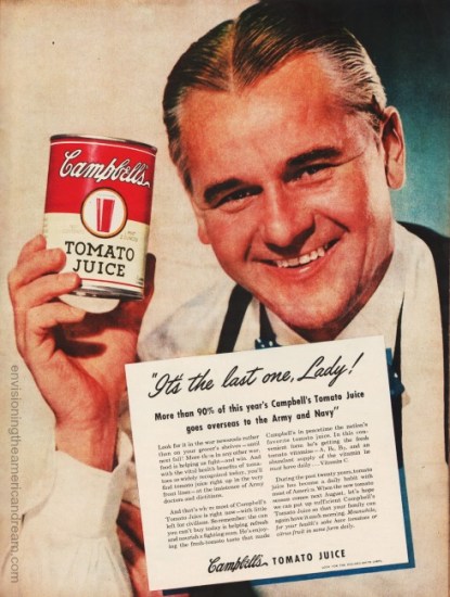 Vintage grocer holding can 1945