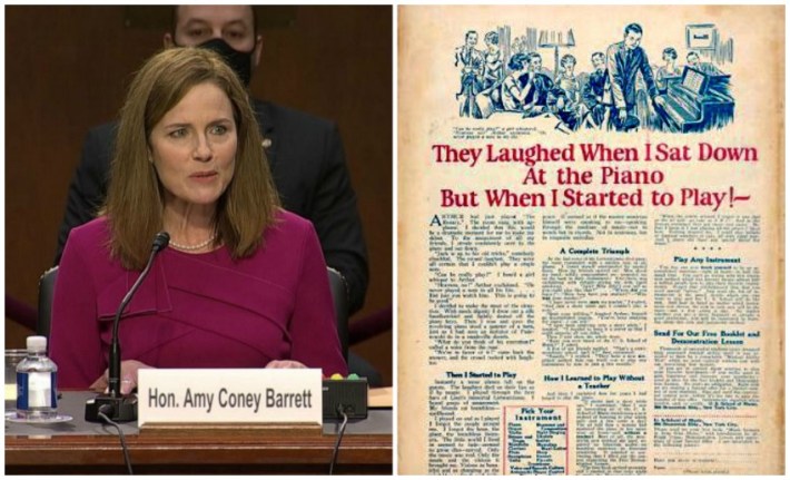 Amy Coney Barrett Hearings and Vintage Piano Ad