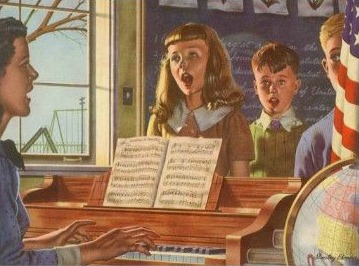 vintage illustration teacher playing piano children singing