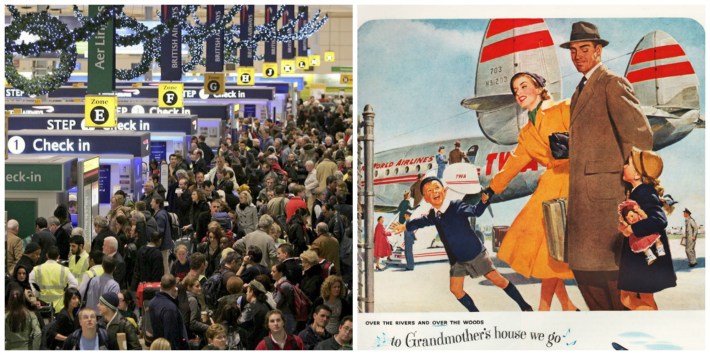 Crowded airport Thanksgiving now and Vintage ad TWA 