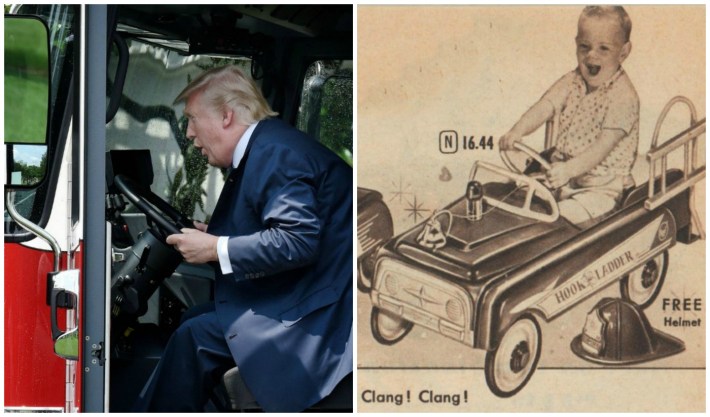 Donald Trump in firetruck and vintage toy catalog page