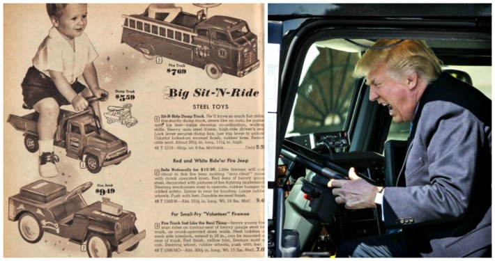 Vintage toy catalogue and Trump in truck